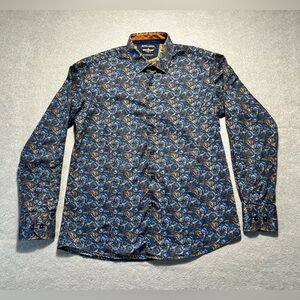 Barabas Men’s Large Blue Floral Button Up Shirt Long Sleeve Contrast Cuffs
